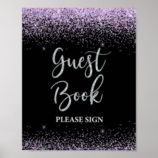 Guest Book Party Sign Purple & Silver Confetti (Front)