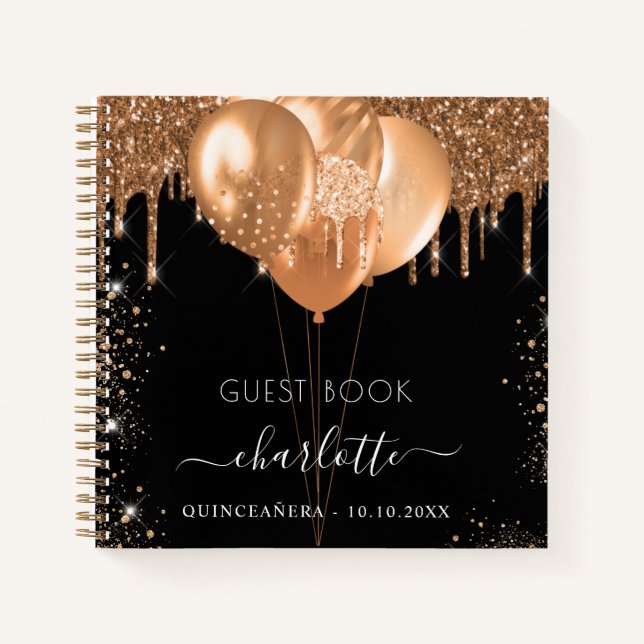 Guest book Quinceanera black gold glitter balloons (Front)