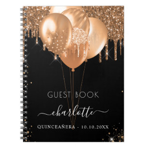Guest book Quinceanera black gold glitter balloons
