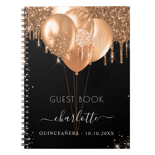 Guest book Quinceanera black gold glitter balloons (Front)