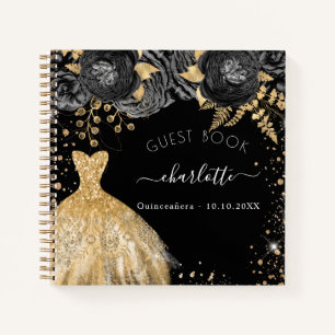 Guest book Quinceanera black gold glitter dress