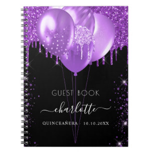 Guest book Quinceanera black purple glitter name