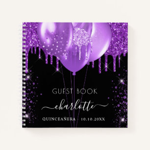 Guest book Quinceanera black purple glitter name