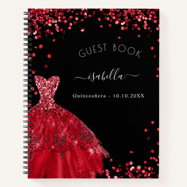 Guest book Quinceanera black red dress glitter (Front)