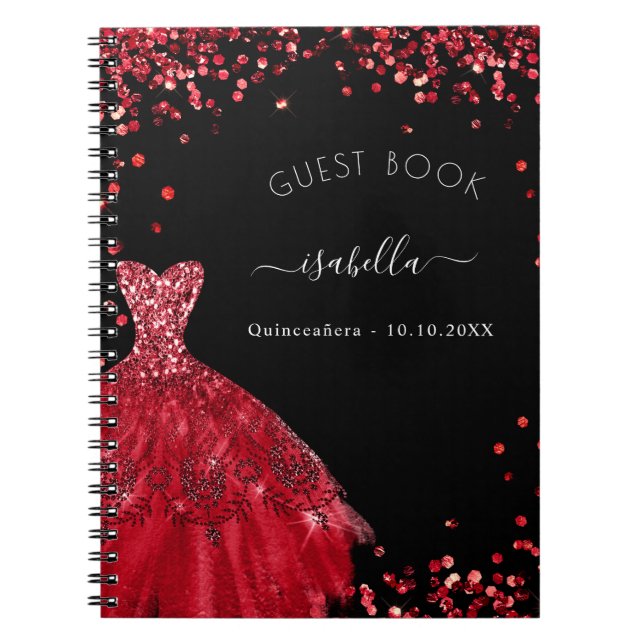 Guest book Quinceanera black red dress glitter (Front)