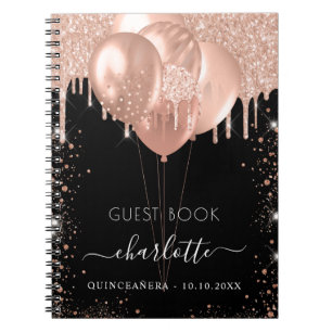Guest book Quinceanera black rose gold balloons