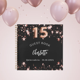 Guest book Quinceanera black rose gold stars