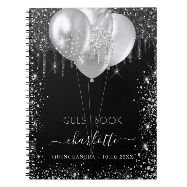 Guest book Quinceanera black silver glitter name (Front)