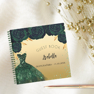Guest book Quinceanera emerald green gold dress
