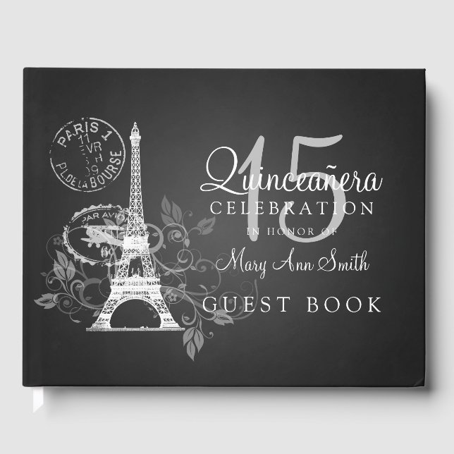 Guest Book Quinceanera Party Paris Black (Front)
