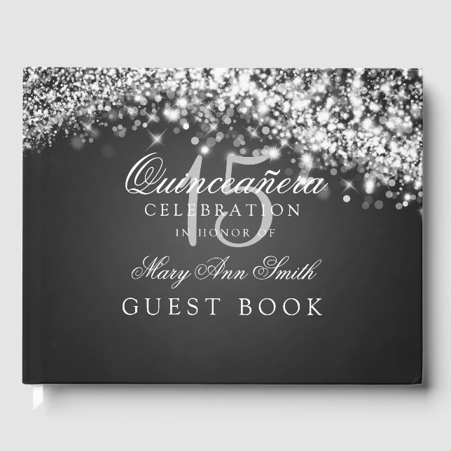 Guest Book Quinceanera Party Sparkling Wave Black (Front)