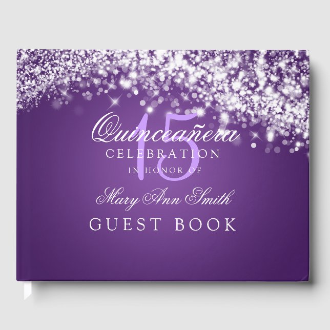 Guest Book Quinceanera Party Sparkling Wave Purple (Front)