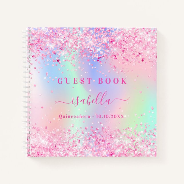 Guest book Quinceanera pink holographic (Front)