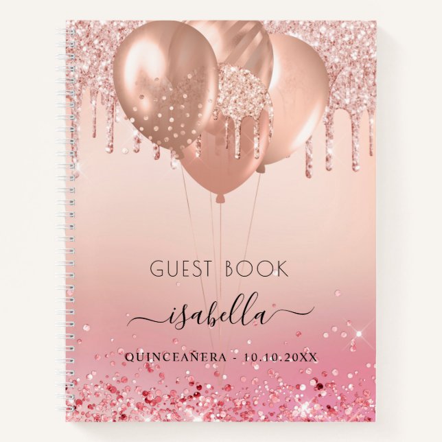 Guest book Quinceanera pink rose gold balloons (Front)