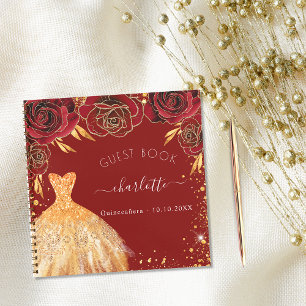 Guest book Quinceanera red gold glitter dress 