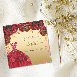 Guest book Quinceanera red gold glitter dress 