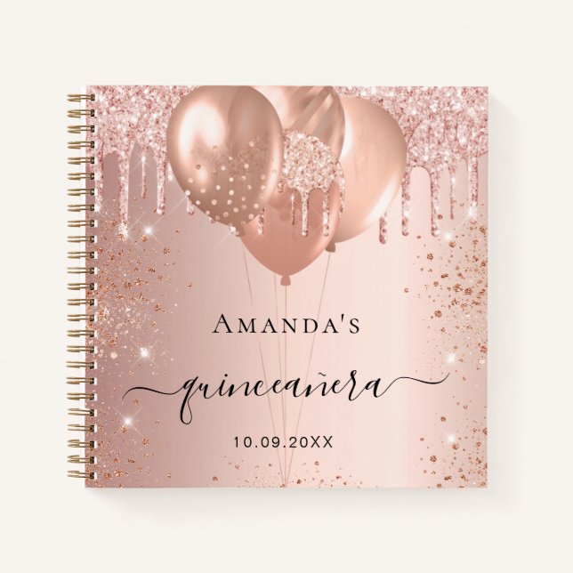 Guest book Quinceanera rose gold glitter balloons (Front)