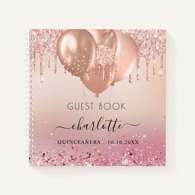Guest book Quinceanera rose gold pink glitter  (Front)