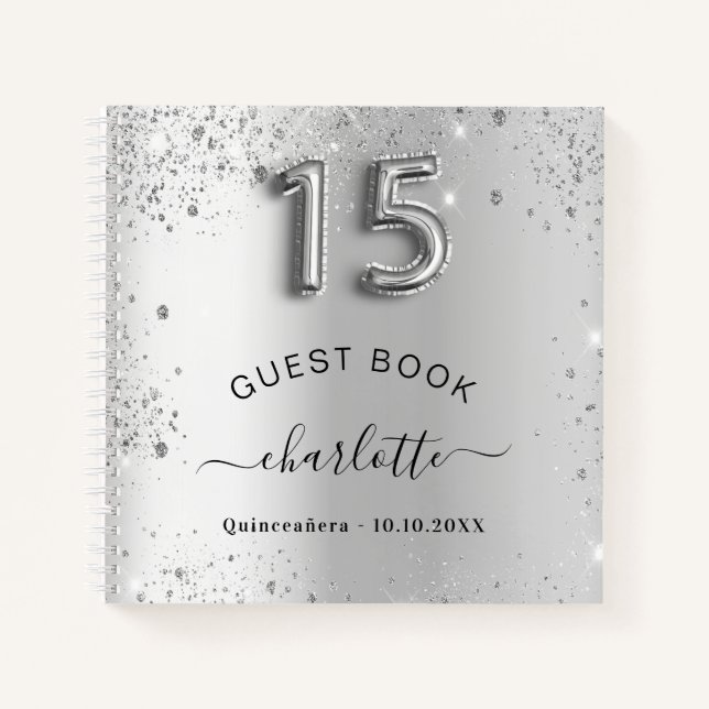 Guest book Quinceanera silver glitter name glam (Front)