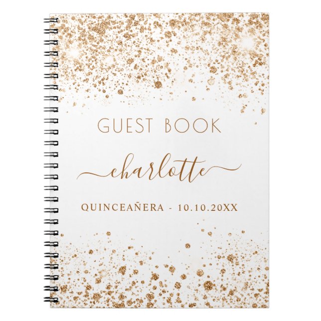 Guest book Quinceanera white gold glitter name (Front)