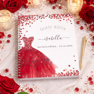 Guest book Quinceanera white red dress glitter