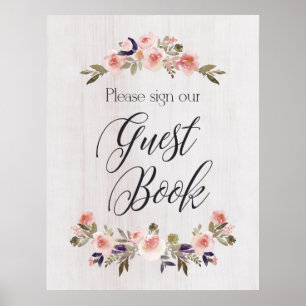 Guest Book sign - floral rustic wood