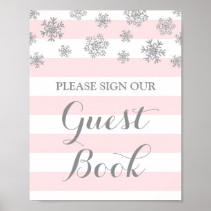 Guest Book Sign Silver Snow Pink Stripes