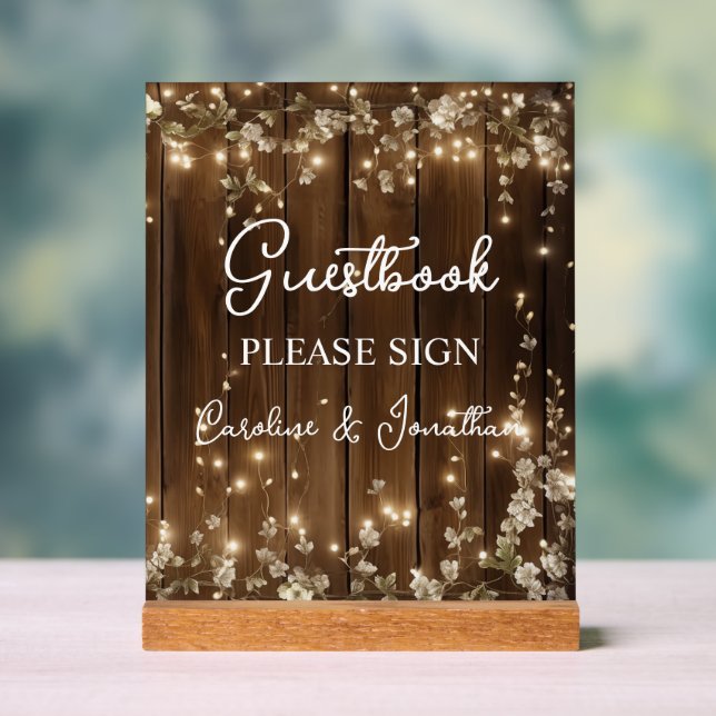 Guest Book Signing Wood String Lights Acrylic Sign (Neutral)