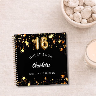 Guest book Sweet 16 black gold stars