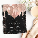 Guest book Sweet 16 black rose gold balloons<br><div class="desc">A stylish black background with rose gold faux glitter drips and sparkles. Decorated with purple balloons. Personalise and add a name, age and a date. The name is written with a modern hand lettered style script with swashes. To keep the swashes only delete the sample name, leave the spaces or...</div>