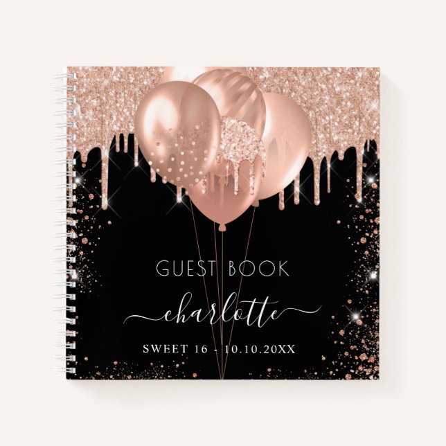 Guest book Sweet 16 black rose gold balloons (Front)