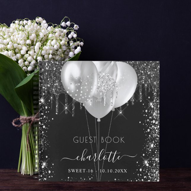 Guest book Sweet 16 black silver glitter name (Creator Uploaded)