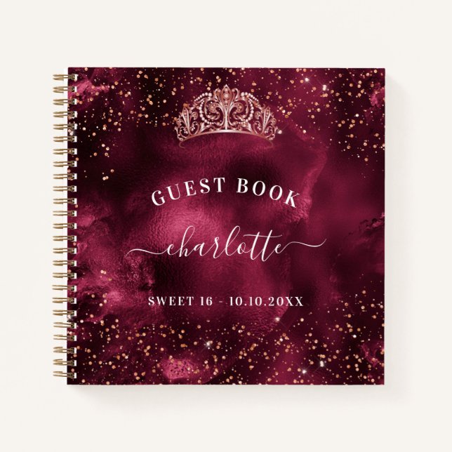 Guest book Sweet 16 burgundy rose gold tiara (Front)