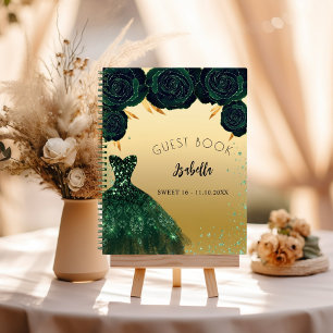 Guest book Sweet 16 emerald green gold dress