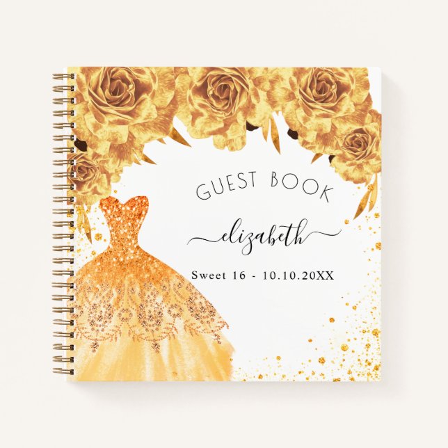 Guest book Sweet 16 gold glitter dress  (Front)
