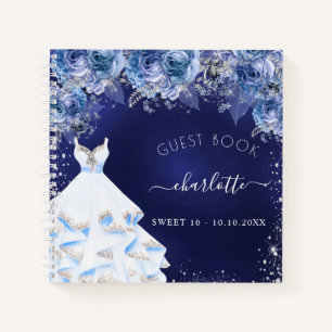 Guest book Sweet 16 navy blue floral dress glitter