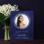 Guest book Sweet 16 navy blue silver photo<br><div class="desc">A guest book for a feminine and glamourous Sweet 16,  16th (or any age) birthday party.  A stylish navy blue background with faux silver glitter sparkles round the photo. The blue colour is uneven. Add your name,  age,  date and a photo.</div>