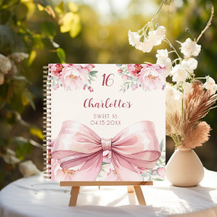 Guest book Sweet 16 pink bow cream florals
