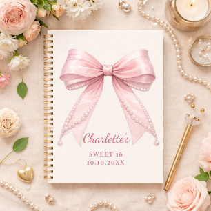 Guest book Sweet 16 pink bow ivory pearls