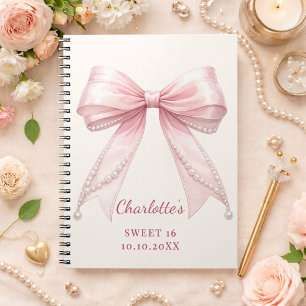 Guest book Sweet 16 pink bow ivory pearls