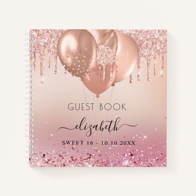 Guest book Sweet 16 pink rose gold glitter  (Front)