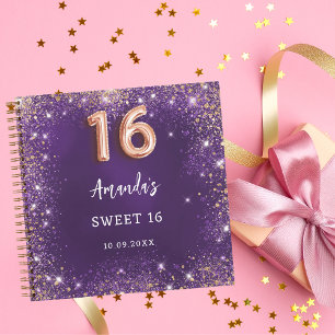 Guest book Sweet 16 purple rose gold glitter