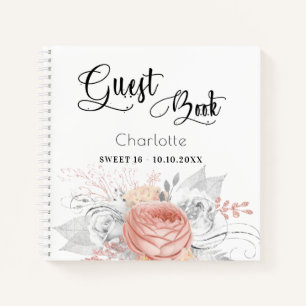 Guest book Sweet 16 rose gold floral silver
