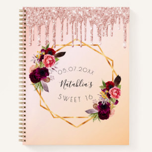 Guest book Sweet 16 rose gold glitter drips floral