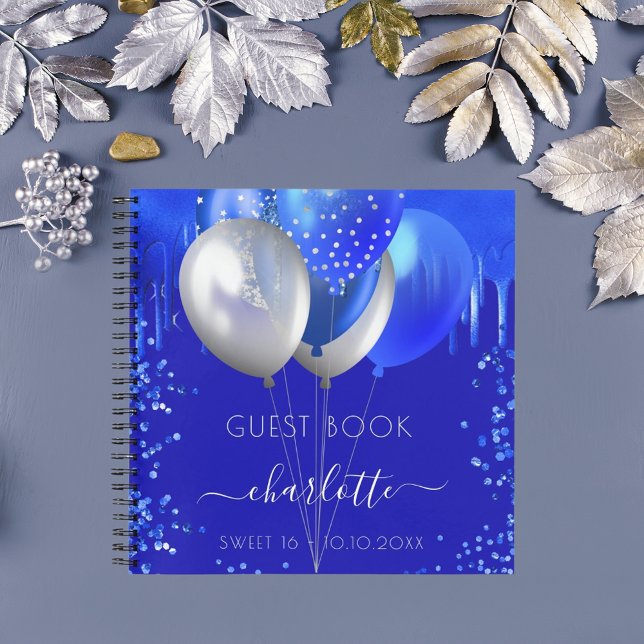 Guest book Sweet 16 royal blue drips balloons (Creator Uploaded)
