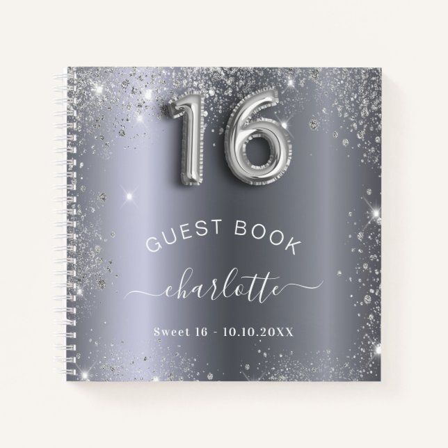 Guest book Sweet 16 silver glitter name glam (Front)