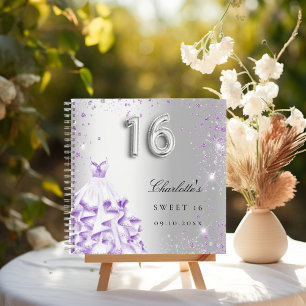 Guest book Sweet 16 silver purple glitter dress