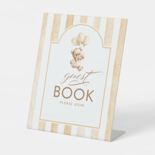 Guest Book Teddy Bear Beige Stripes Baby Shower Pedestal Sign