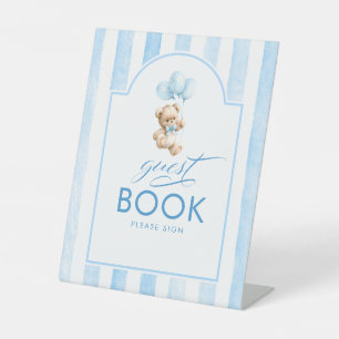 Guest Book Teddy Bear Blue Stripes Baby Shower Pedestal Sign