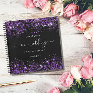 Guest book wedding black purple glitter monogram